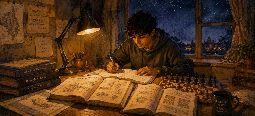 Between Duty and a Dream - Ganesh Tajane Mechanical Engineering & Chess Study Watercolor