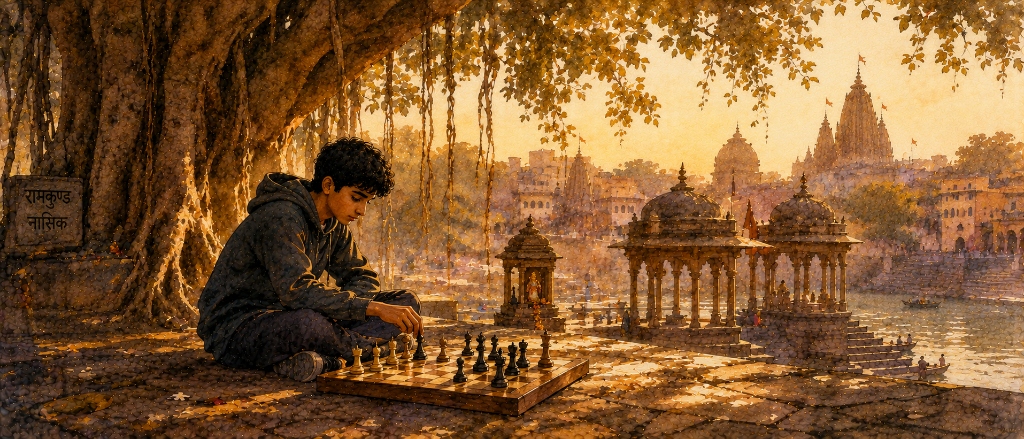 The Language of Sixty-Four Squares - Ganesh Tajane Playing Chess at Sunset Ghats Watercolor