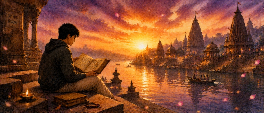 The Things I Could Not Ignore - Ganesh Tajane Reading Scripture at Sunset Ghats Watercolor