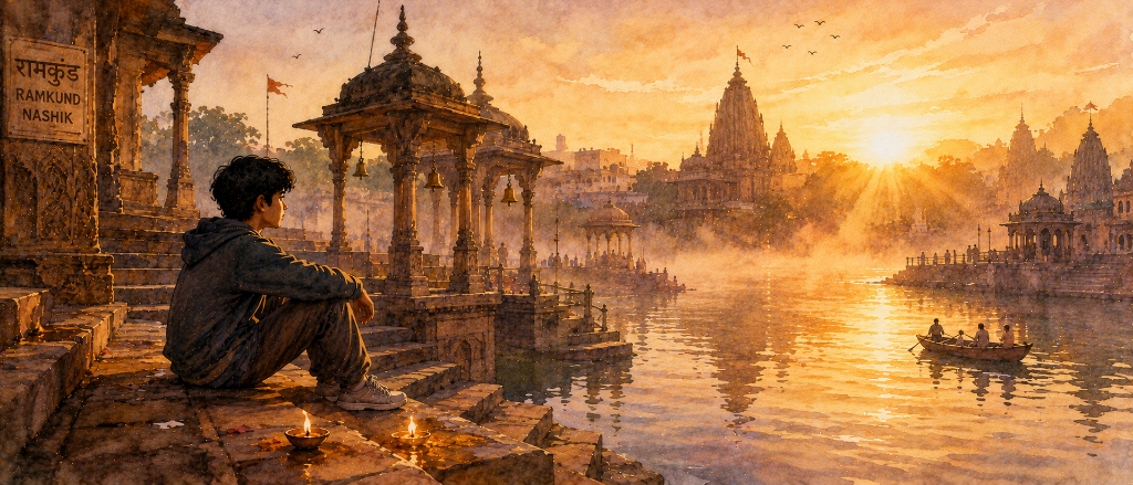 The Boy from Nashik - Ramkund Nashik Ghats Sunrise Watercolor Artwork
