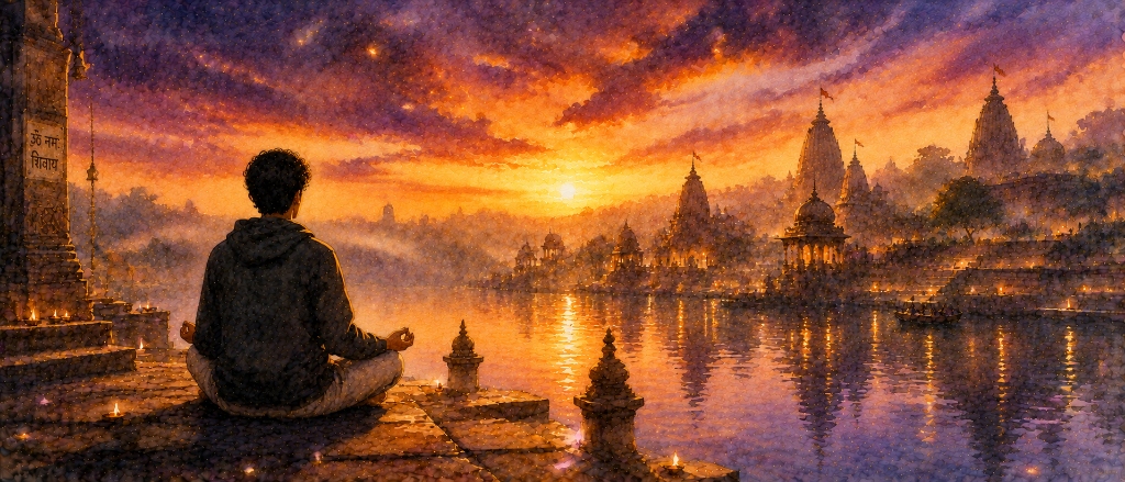 The Pursuit of Stillness - Ganesh Tajane Meditation at Sunset Ghats Watercolor
