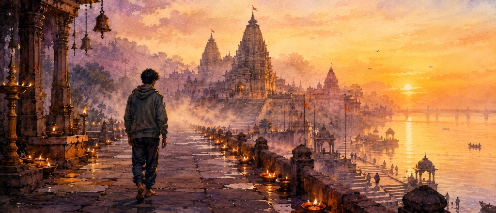 The Weight of the Call - Ganesh Tajane Diya-Lit Pathway to Temple Watercolor